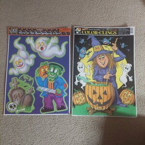 2 Set of Halloween Vinyl Color Clings Vintage Made in USA Witch & Frankenstein